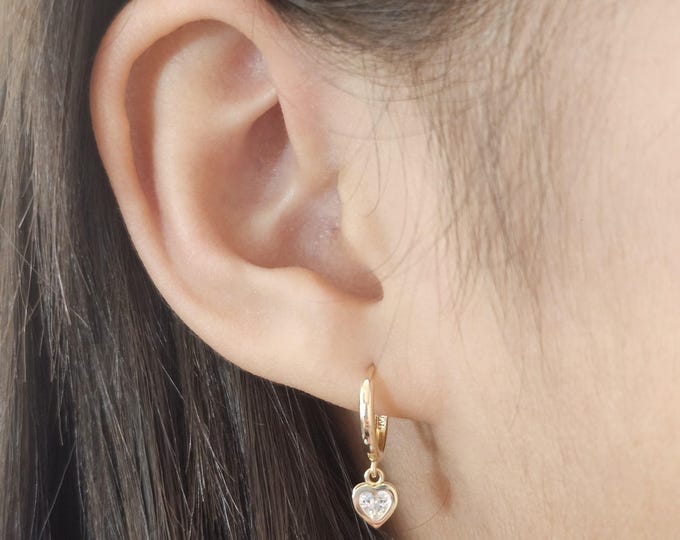 Heart Dangle Hoop 14K Real Yellow Gold 1 Pair of Hoop  Huggies Dangle cute Kids earrings.