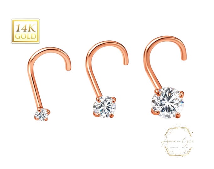 14K Rose Gold , Curve Bar Nose Stud, Diamond Nose Stud, Moissanite , Lab Diamond, Nose Stud 20 GA 1.50mm-3.50mm Gemstone Nose Piercing.