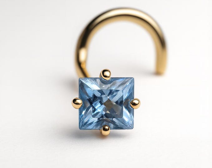 Aquamarine square 14K Solid gold Genuine Real Aquamarine Nose Stud ,  14K Solid Gold in Twisted Crooked Screw, 20 GA, Nose Pin, Nostril