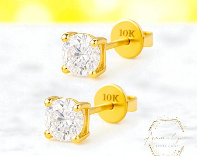10K Yellow Gold Solitaire Thin Post 22 GA Round Cut Earring with 4 Prong Basket Setting in Push backing Option of CZ or Moissanite.