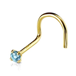 Natural Gemstone 14K Solid Gold , Twisted Cork Screw Nose Stud, Diamond Nose Stud , 20 GA 1.50mm-3.50mm Round Cut Nose Stud 20GA