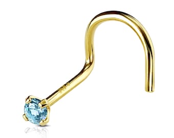 Natural Gemstone 14K Solid Gold , Twisted Cork Screw Nose Stud, Diamond Nose Stud , 20 GA 1.50mm-3.50mm Round Cut Nose Stud 20GA