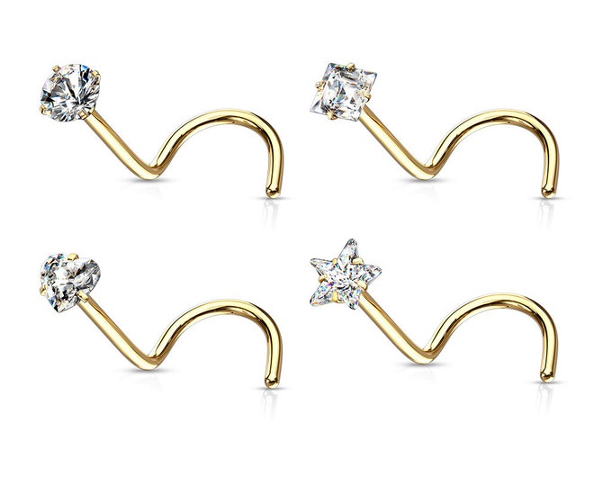14K Real Gold Nose Stud 20 Gauge Twisted Crock Screw , select the design you wanted sold 1 Piece of CZ