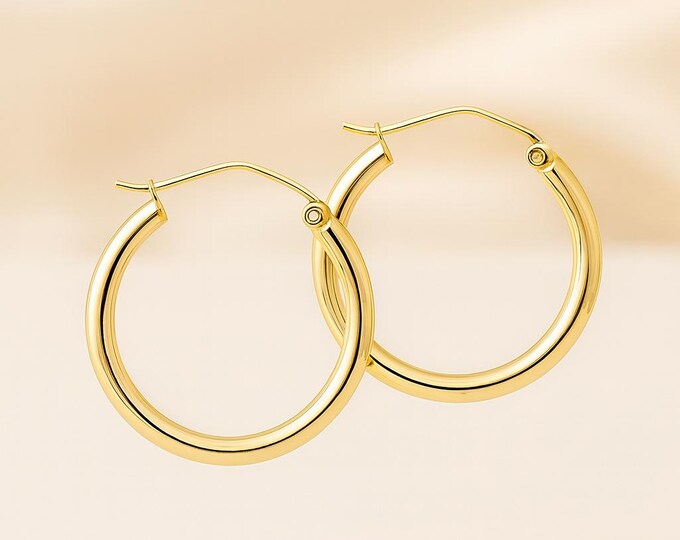 2mm Round Tube Hoop Earrings 14K Real Gold 1 Pair with Hinged Available in White Gold or Yellow Gold NEW Women's Girl Earrings.