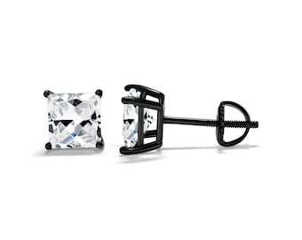 Sterling Silver Square with Black Rhodium Black Stud Screw Backing Thicker post 4mm 5mm 6mm 7mm 8mm Men's Women's Stud Earring 1 pair.