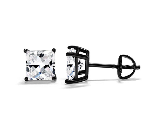 Sterling Silver Square with Black Rhodium Black Stud Screw Backing Thicker post 4mm 5mm 6mm 7mm 8mm Men's Women's Stud Earring 1 pair.