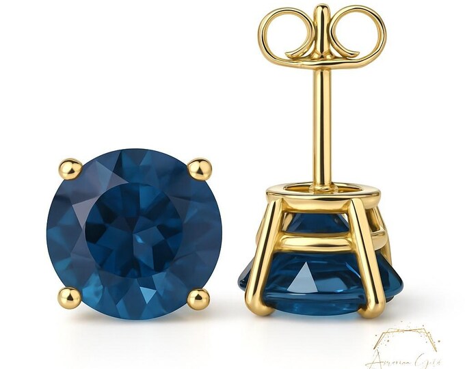 Natural London Blue Topaz 14K Real Yellow Gold Heavier Weight Gold sold in 1 Pair Round Solitaire Heavy Solid Gold Earrings stud