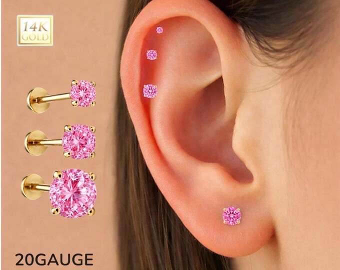 14K Gold Internally Threaded Labret, Flat Back Stud With Prong Set CZ Top Sold 1 piece 20GA , Pink Moissanite Diamond
