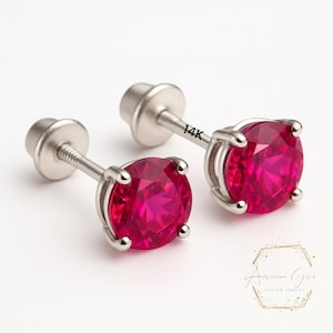 Lab Red Ruby 14K Real Yellow Gold Light Weight Gold sold in 1 Pair Round Solitaire Lab Red Ruby  Earrings stud.