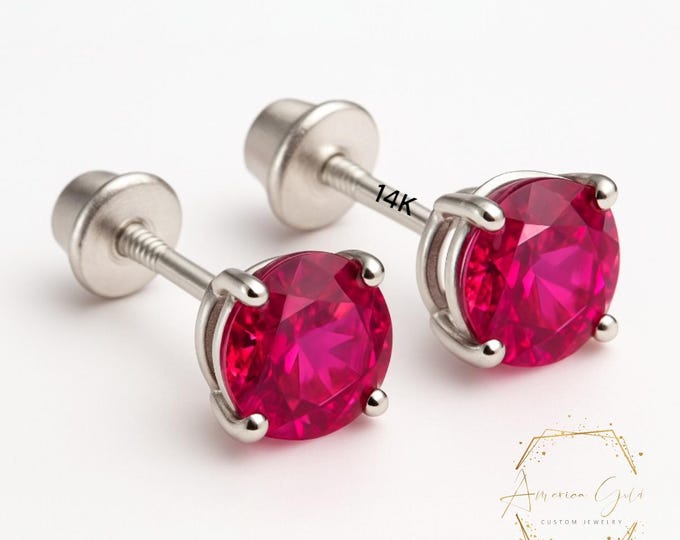 Lab Red Ruby 14K Real Yellow Gold Light Weight Gold sold in 1 Pair Round Solitaire Lab Red Ruby  Earrings stud.