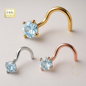 Aquamarine 14K Solid gold Genuine Real Aquamarine Nose Stud ,  14K Solid Gold in Twisted Crooked Screw, 20 GA, Nose Pin, Nostril, Nose Jewel