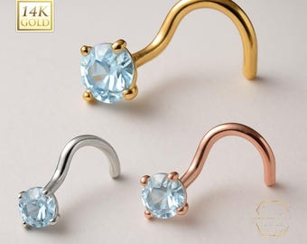 Aigue-marine, véritable clou de nez en or massif 14 carats, aigue-marine véritable, or massif 14 carats, vis tordue torsadée, calibre 20, épingle pour le nez, narine, bijou de nez