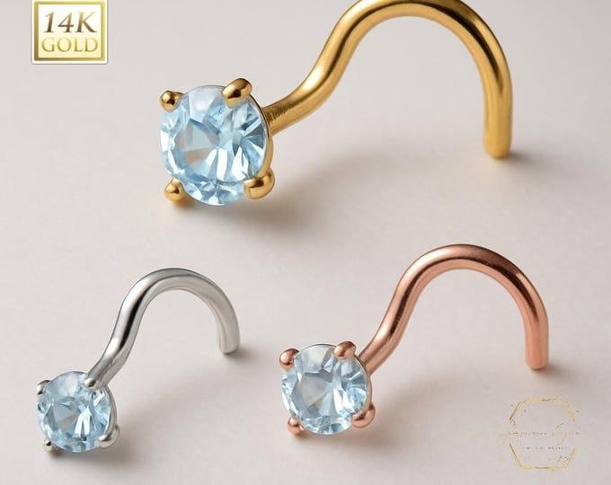 Aquamarine 14K Solid gold Genuine Real Aquamarine Nose Stud ,  14K Solid Gold in Twisted Crooked Screw, 20 GA, Nose Pin, Nostril, Nose Jewel