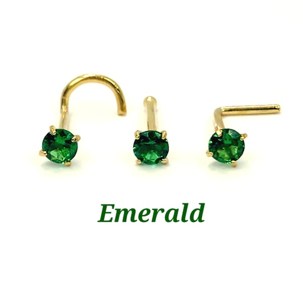 Emerald 14K Gold Nose Ring 20GA , optional gemstone , Post lenght 7mm, Nostril Stud , Nose Ring, Nose Emerald gemstone.