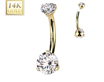 14K Gold Internally Threaded Double Round Prong Set CZ Belly Button Navel Ring  14GA (1.6mm)3/8" (10mm)4 & 6mm