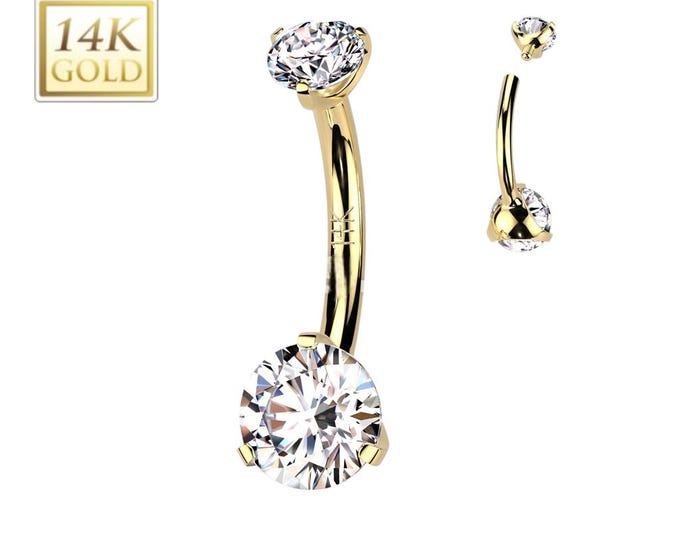 14K Gold Internally Threaded Double Round Prong Set CZ Belly Button Navel Ring  14GA (1.6mm)3/8" (10mm)4 & 6mm