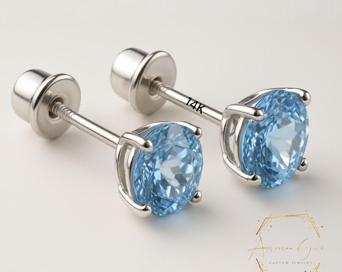 Natural Aquamarine 14K Real Yellow Gold Light Weight Gold sold in 1 Pair Round Solitaire Aquamarine  Natural Birthstone  Earrings stud.