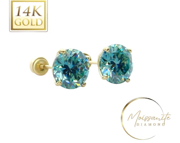 Green Moissanite 14K Real Yellow Gold Light Weight Gold sold in 1 Pair Round Solitaire Moissanite  Earrings stud.