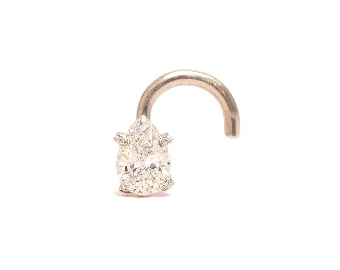 Natural Diamond Tear Drop Shape 14K Solid Real Gold , 20 GAUGE, Nose Ring Nostril Piercing.