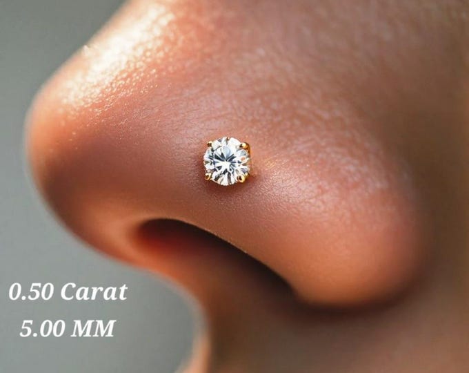 0.50 Carat Weight 5.00 MM 14K Solid Gold , Curve Bar Nose Stud, Diamond Nose Stud, Moissanite , Lab Diamond, Nose Stud 18 Ga or 20 Ga.