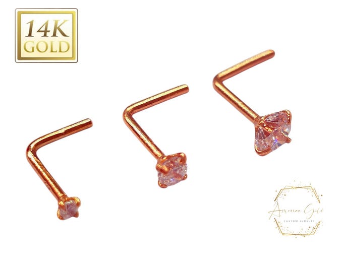 14K Rose Gold , L Shaped Nose Stud, Diamond Nose Stud, Moissanite , Lab Diamond, Nose Stud 20 GA 1.50mm-3.50mm Gemstone Nose Piercing.
