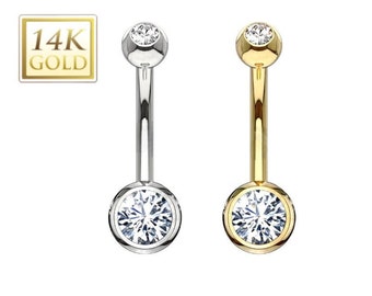 14K Gold Double Gemmed Navel Ring 14 Gauge with Cubic Zirconia.