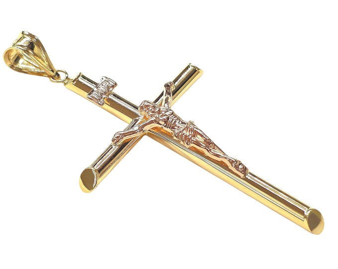 14K 2 Tone Rose Yellow Gold Hollow Round Tube Jesus Cross Pendant Religious Pendant Charm Men's Women's Real Gold Rose Gold .