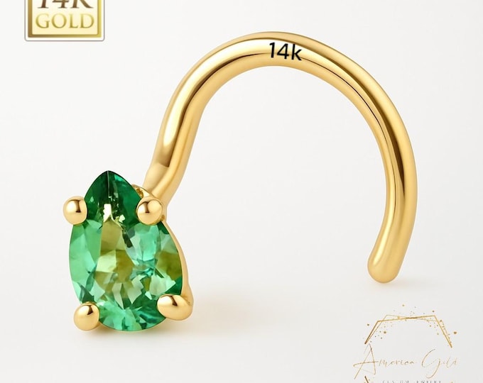 Real Alexandrite 14K Solid gold Genuine Nose Stud ,  14K Solid Gold in Twisted Crooked Screw, 20 GA Real