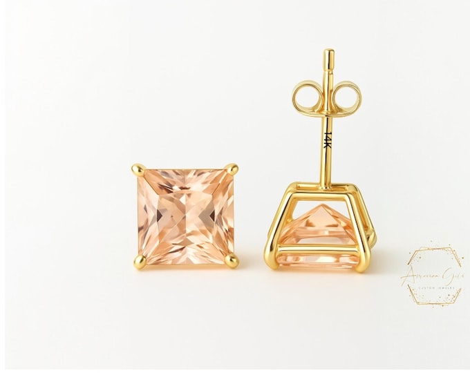 Champange Peach 14K Real Yellow Gold Light Weight Gold sold in 1 Pair Princess Cut Optional of Cubic Zircon