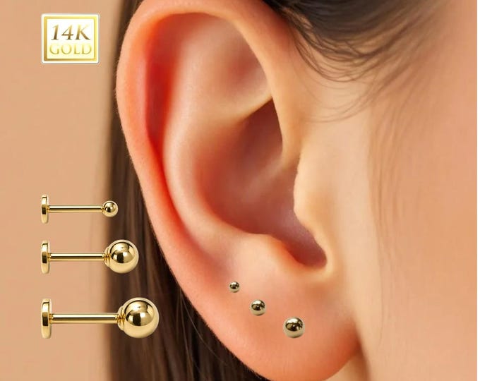 14K Gold Internally Threaded Labret, Flat Back Stud With Ball 2mm 3mm 4mm Top Sold 1 piece 20GA.