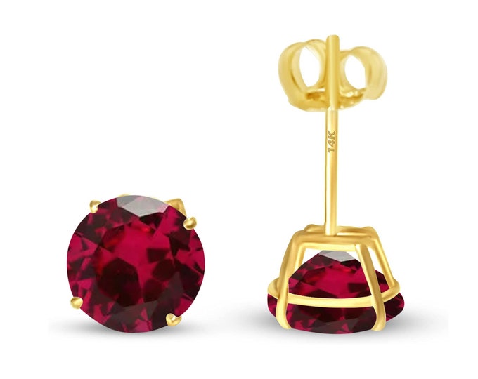 Garnet 14K Real Yellow Gold Light Weight Gold sold in 1 Pair Round Solitaire Red Garnet January Earrings stud.