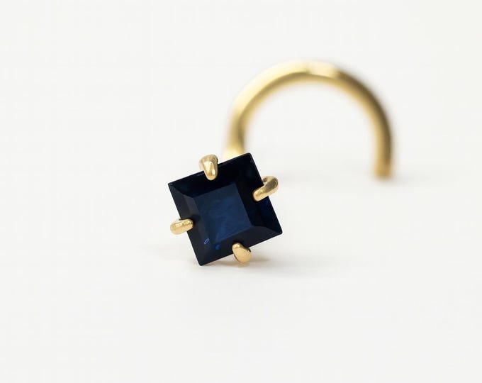 Princess Cut Shape Blue Sapphire 14K Gold Nose Ring 20GA , optional gemstone , Post length 6mm, Nostril Stud , Nose Ring.