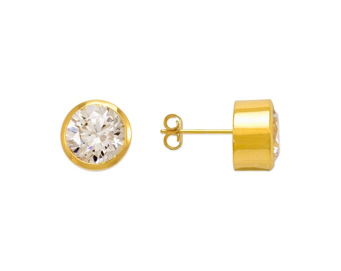 Round Bezel 14K Real Gold Solitaire Push Backing Earring for Girl or Baby Earrings size 4mm-9mm