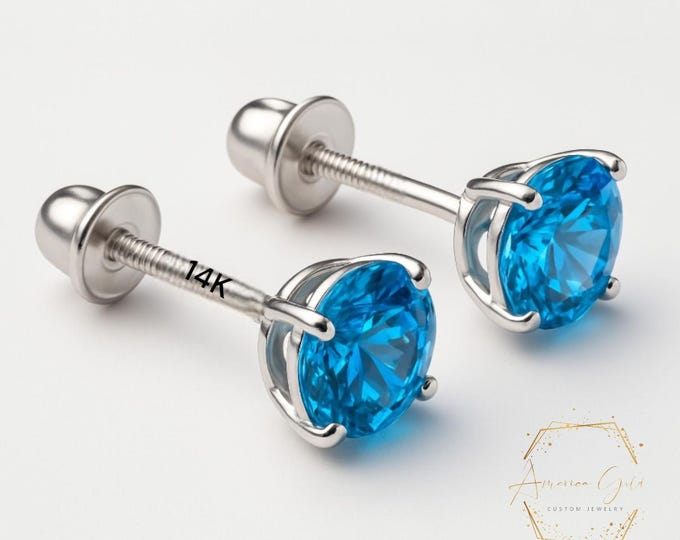 Blue Topaz 14K Real Yellow Gold Light Weight Gold sold in 1 Pair Round Solitaire Blue Topaz December  Earrings stud.