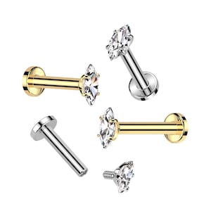 Marquise 14K Gold Labret mit Innengewinde, flacher Rücken Stud mit Prong Set CZ Top Verkauft 1 Stück 16GA, Lippe, Knorpel, Nasenstecker, Tragus.