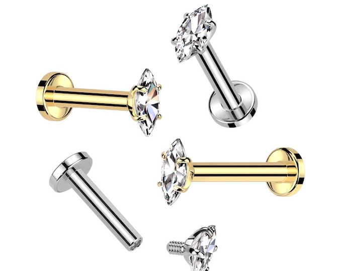 Marquise 14K Gold Internally Threaded Labret, Flat Back Stud With Prong Set CZ Top Sold 1 piece 16GA , Lip, Cartiladge, Nose Stud, Tragus.
