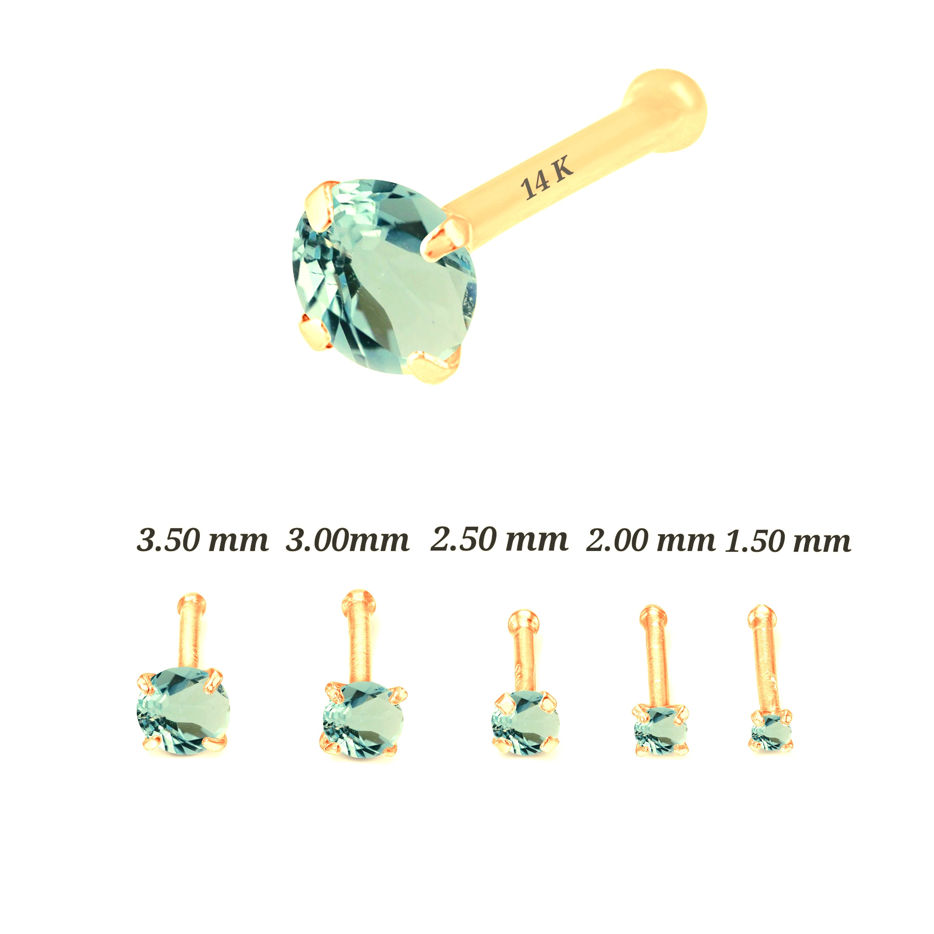 Aquamarine 14K Solid Gold Genuine Real Aquamarine Nose Stud , 14K Solid ...