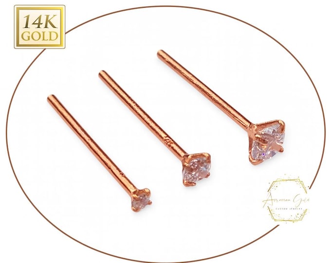 14K Rose Gold , Straight End 12mm Diamond Nose Stud, Moissanite , Lab Diamond, Nose Stud 20 GA 1.50mm-3.50mm Gemstone Nose Piercing.