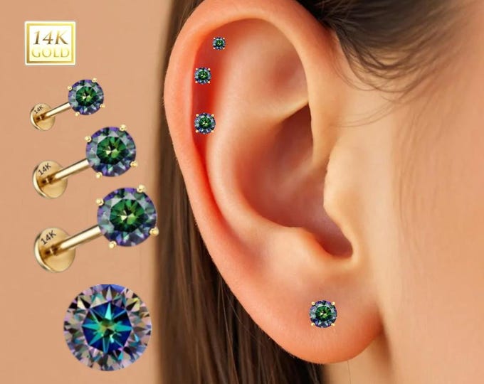 14K Gold Internally Threaded Labret, Flat Back Stud With Prong Set CZ Top Sold 1 piece 20GA , Rainbow Moissanite Diamond