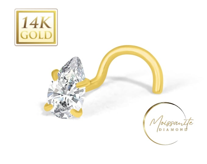 Moissanite Pear Shape 14K Solid Gold Nose Stud L shape or Twisted Crooked Screw or Ball End 20 GA Pear Shape Moissanite nose Piercing.