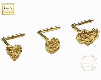 20 Gauge Small 3mm Heart 14K Gold Nugget Nose Stud 7mm Post length Nose Ring Nuggets Real Gold.