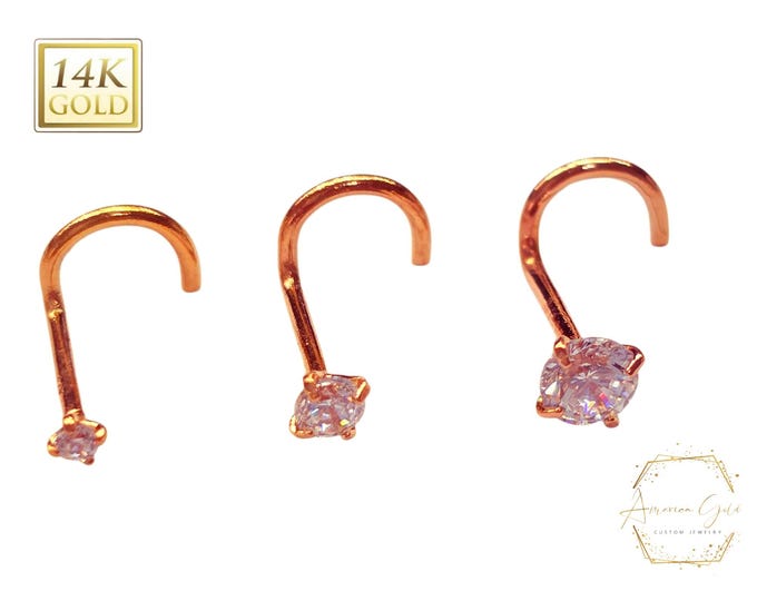 14K Rose Gold , Curve Bar Nose Stud, Diamond Nose Stud, Moissanite , Lab Diamond, Nose Stud 20 GA 1.50mm-3.50mm Gemstone Nose Piercing.