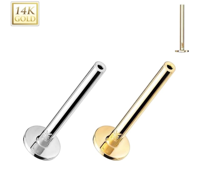 14K Gold Threadless Push In Labret, Flat Back Stud Pins Sold in 1 Piece.