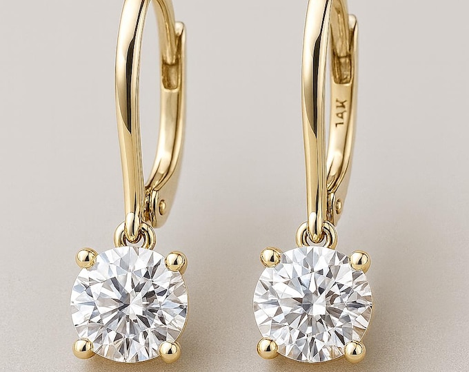 Moissanite 14K Solid Gold Earring Lever Backing Solitaire Cut sold 1 pair.