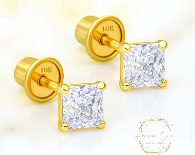 10K Yellow Gold Princess Square Cut Thin Post 22 GA Earring with 4 Prong Setting 3mm 4mm 5mm 6mm 7mm 8mm Option of CZ or Moissanite.