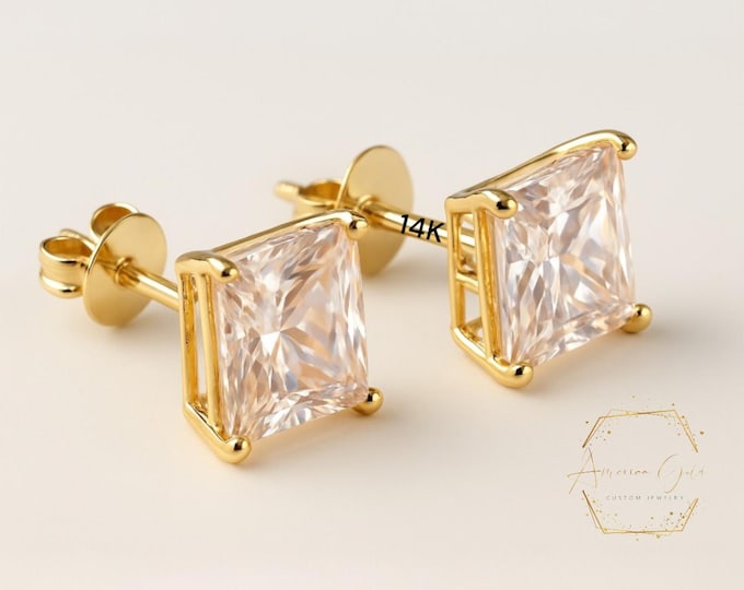 Thick Solid Heavier Basket  14K Solid Yellow Gold Princess Square Cut Birthstone Colors Earring with 4 Prong 20GA