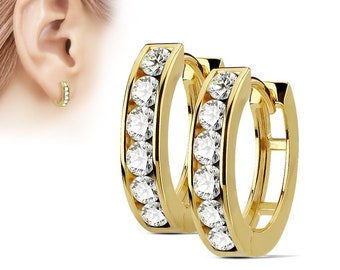 14K Real Gold 1 Pair of Channel Set Lined CZ Hoop Earrings REAL GOLD 14K High quality Hoop earrings women's men's hoop.