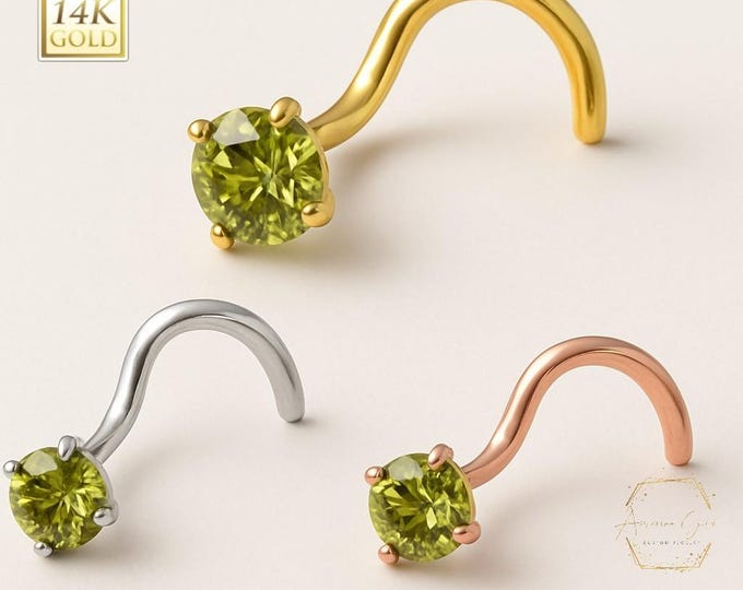 Peridot 14K Solid gold Genuine Real Peridot Nose Stud ,  14K Solid Gold in Twisted Crooked Screw, 20 GA, Nose Pin, Nostril, Nose Jewel