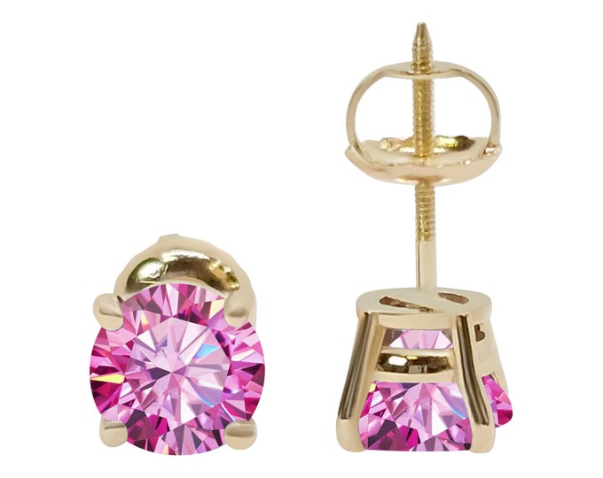 Pink Moissanite 14K Real Solid Gold Heavier Weight Gold sold in 1 Pair Round Solitaire Heavy Solid Gold Earrings stud Pass Diamond Tester.