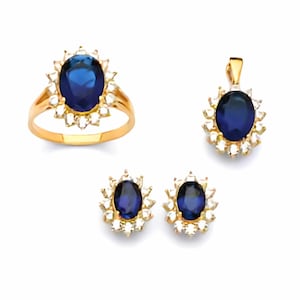 14K Gold  Oval Blue Sapphire CZ Collection , Real Gold , For women&#39;s Gift and Anniversary Gift , Pendant , Earring, Ring Sold Separately